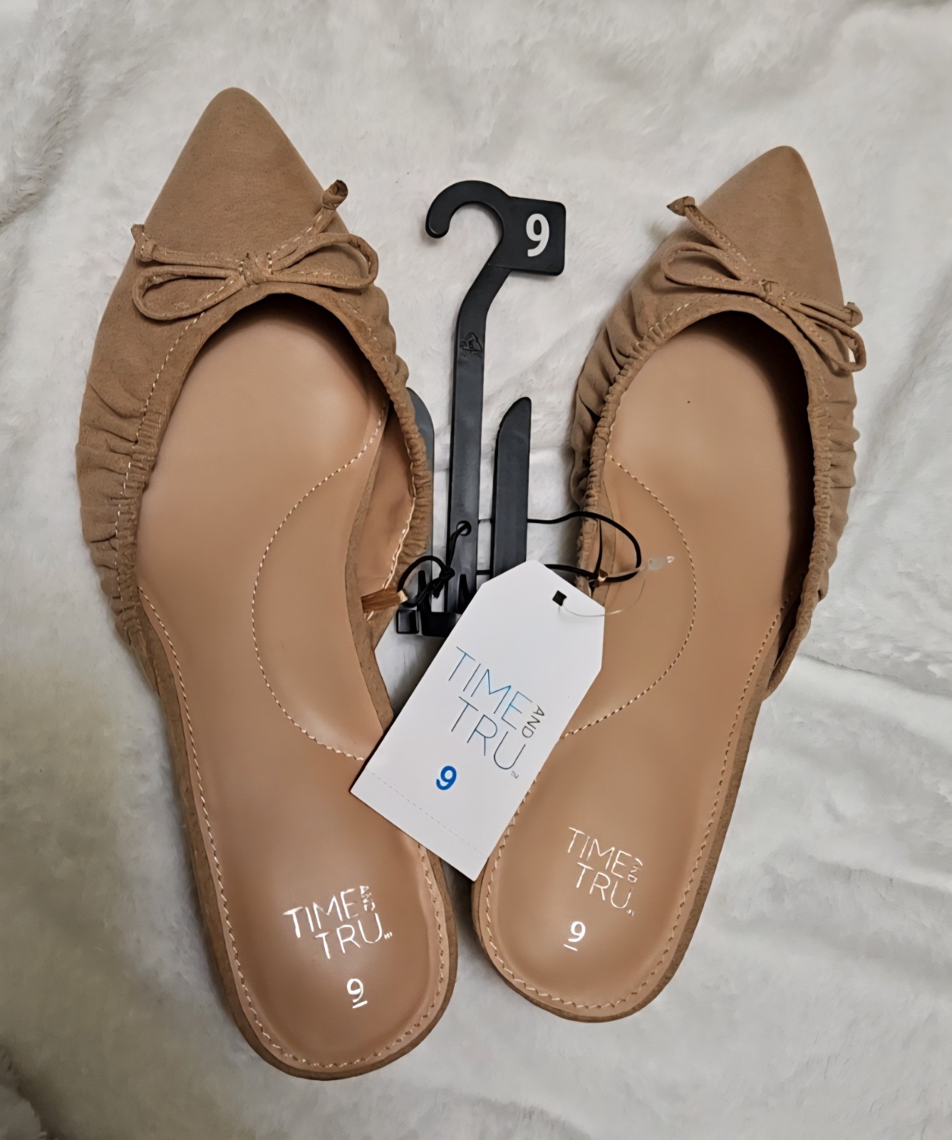 Time and Tru Women's Size 9 Tan Faux Suede Kitten Heel Mules NWT Bow Ruched