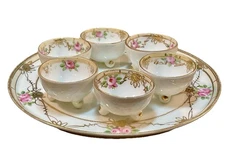 Antique Nippon China Round Tray +6 Footed Salt Cellars Pink & Gold Moriage Roses