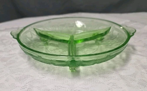 Green Uranium Glass, Anchor Hocking Cameo/ Ballerina Round 3 Part Relish, Footed