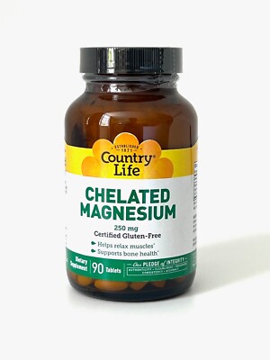 Country Life Magnesium Chelated 250 mg 90 Tablets Gluten-Free, GMP Quality