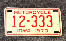COOL NUMBER 1970 12-333 IOWA MOTORCYCLE License Plate ALL ORIGINAL