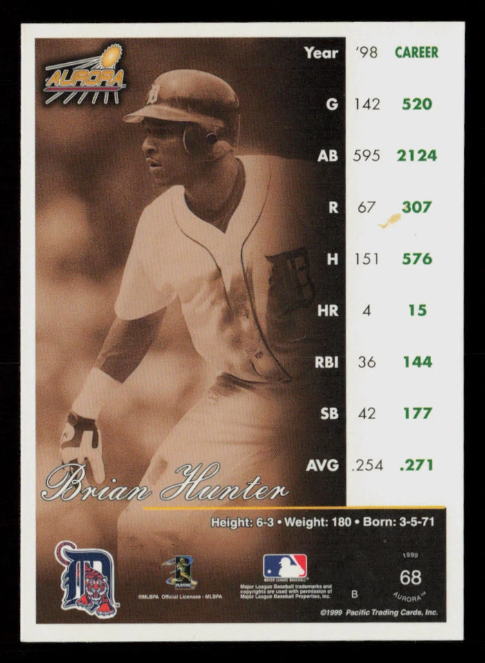 Brian Hunter 1999 Pacific Aurora #68 Detroit Tigers Baseball Card - Image 2 of 2