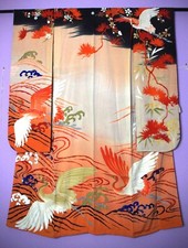 Fantastical Antique Vintage Japanese Silk Kuro Furisode Kimono Showa Taisho