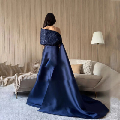 Elegant Navy Blue vA-Line One Shoulder Party Dresses With Sequins Prom Gowns 