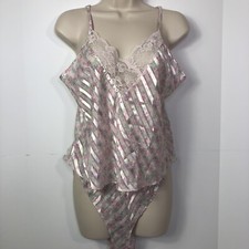 Vtg 90s Floral Camisole French Cut Panty Set Pink Floral Sheer Striped Sz M EUC 