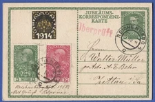 AUSTRIA 1915 uprated 5h Viribus Unitis 1914 Jubilee postal card, REICHENBERG