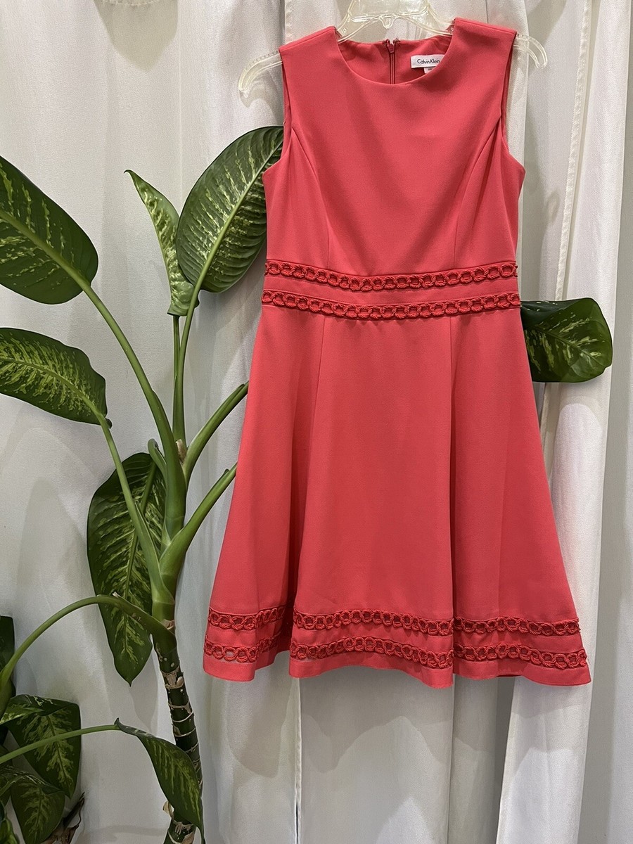 calvin klein petite dresses Pink Braided Trim Fit & Flare Dress-Size 8P 92% polyester Calvin Klein Petite Colorblocked Sheath