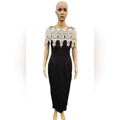jessica mcclintock black and white lace dress Jessica McClintock vintage women's black and white embroidered lace cape  dress 4