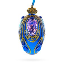 Royal Blue Gold Glitter Iridescent Sequins Mini Glass Egg Ornament 2.9 Inches