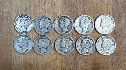 10 Mercury Silver Dimes (G-XF)-1923,27,35,35,37,42,41,43s45s,45s