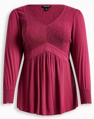  Torrid Plus Size 1 Raspberry Babydoll Crinkle Gauze Smocked Long Sleeve Tunic