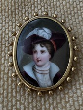 Antike Brosche Miniatur Malerei Lupenmalerei  Frauen Portrait 1900 Tombak