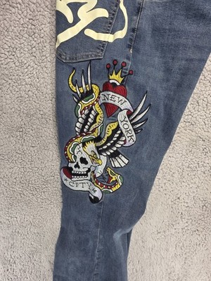 ED HARDY Slim Tapered New York City Eagle Patch Stretched Denim Jeans Sz 32x32