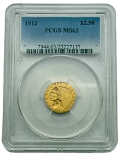 1912 $2.5 Indian Gold Quarter Eagle, PCGS MS63, Classic US Gold Coin.