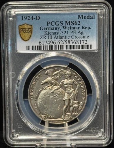 PCGS MS62 1924-D Germany Transportation of the ZR 126 Zeppelin to the USA Medal