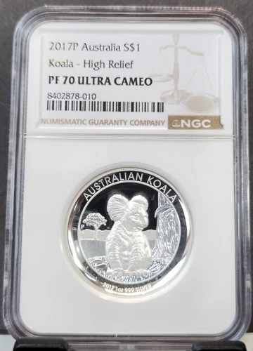2017 AUSTRALIA SILVER 1 DOLLAR KOALA HIGH RELIEF NGC PF 70 ULTRA CAMEO PERFECT