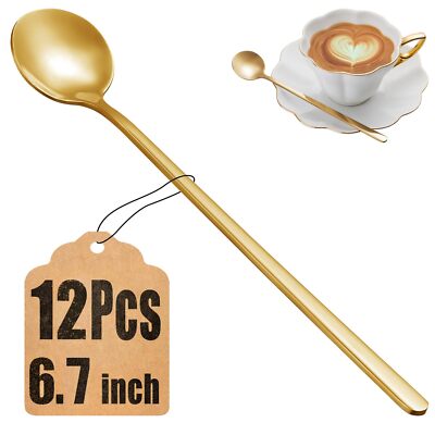 12 Pcs Long Handle Stainless Steel Gold Tea Spoons Stirring Spoons Coffee Spoons
