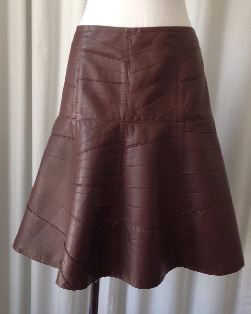 Oscar de la Renta Brown Leather A Line Skirt SZ 14 Mint