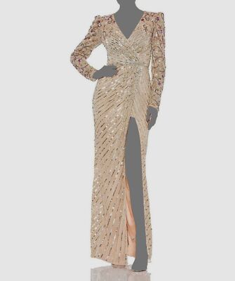 Mac Duggal Women's Beige Embellished Puff Sleeve Faux Wrap Gown Dress Size 4