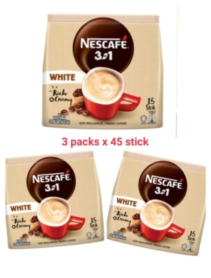 NESCAFE 3 IN 1 WHITE COFFEE RICH & CREAMY 3 PACKS 45 STICK MALAYSIA BEST COFFEE.
