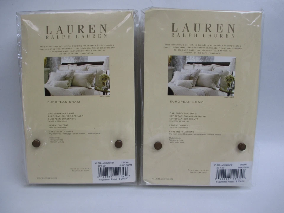 Ralph Lauren WHITEHALL JACQUARD Cream SILK Embroidered Euro Shams Pair - Image 2 of 4