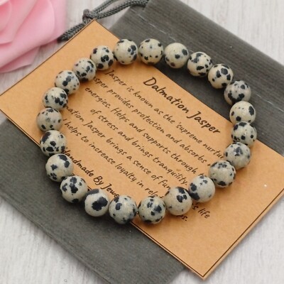DALMATINER JASPIS Armband Stretch Fit Handarbeit Geschenktüte & Karte Edelstein 4/6/8 mm