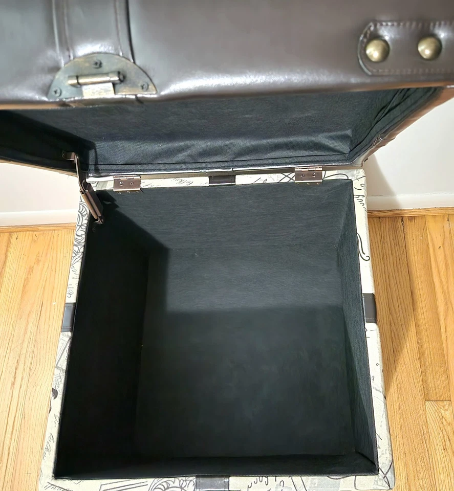 Faux Leather Ottoman Storage Cube Script Upholstered w/ Nail Heads Read Detail - Image 4 of 4