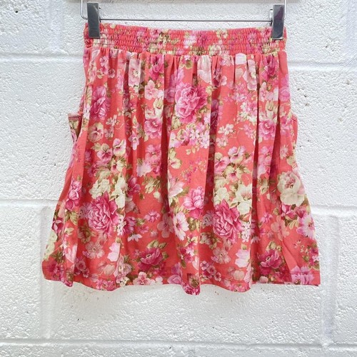 RIVER ISLAND PINK FLORAL MINI SKIRT POCKET SHEERING WAIST FRILL JERSEY UK 10 - Picture 2 of 4