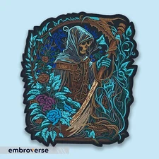 Floral Grim Reaper Large Back Patch - Embroidered Death Art, Flower Skull-Themed