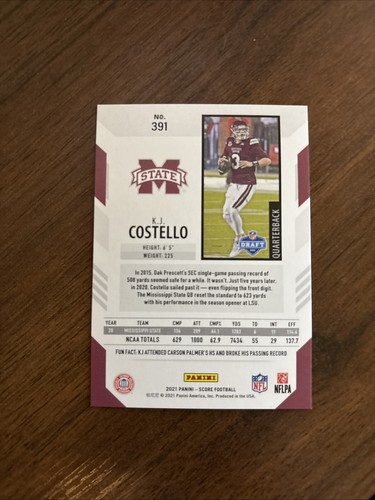 2021 Score - Rookies K.J. Costello #391 Gold Dots /225 (RC) - Picture 2 of 2