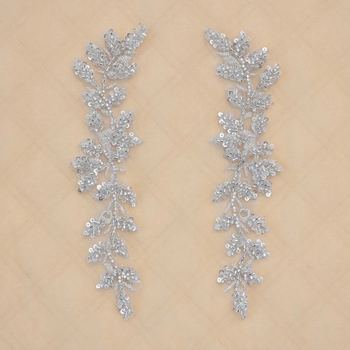 1 Pair Silver Beads Thread Bridal Lace Patch Applique for Jeans Headpieces DIY - Picture 10 of 10