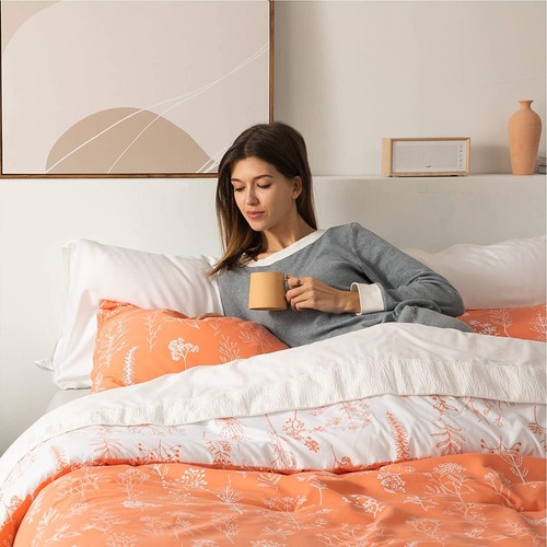 Coral Orange Botanical Plants Reversible 3 pc Comforter Set Twin Full Queen King - Picture 4 of 8