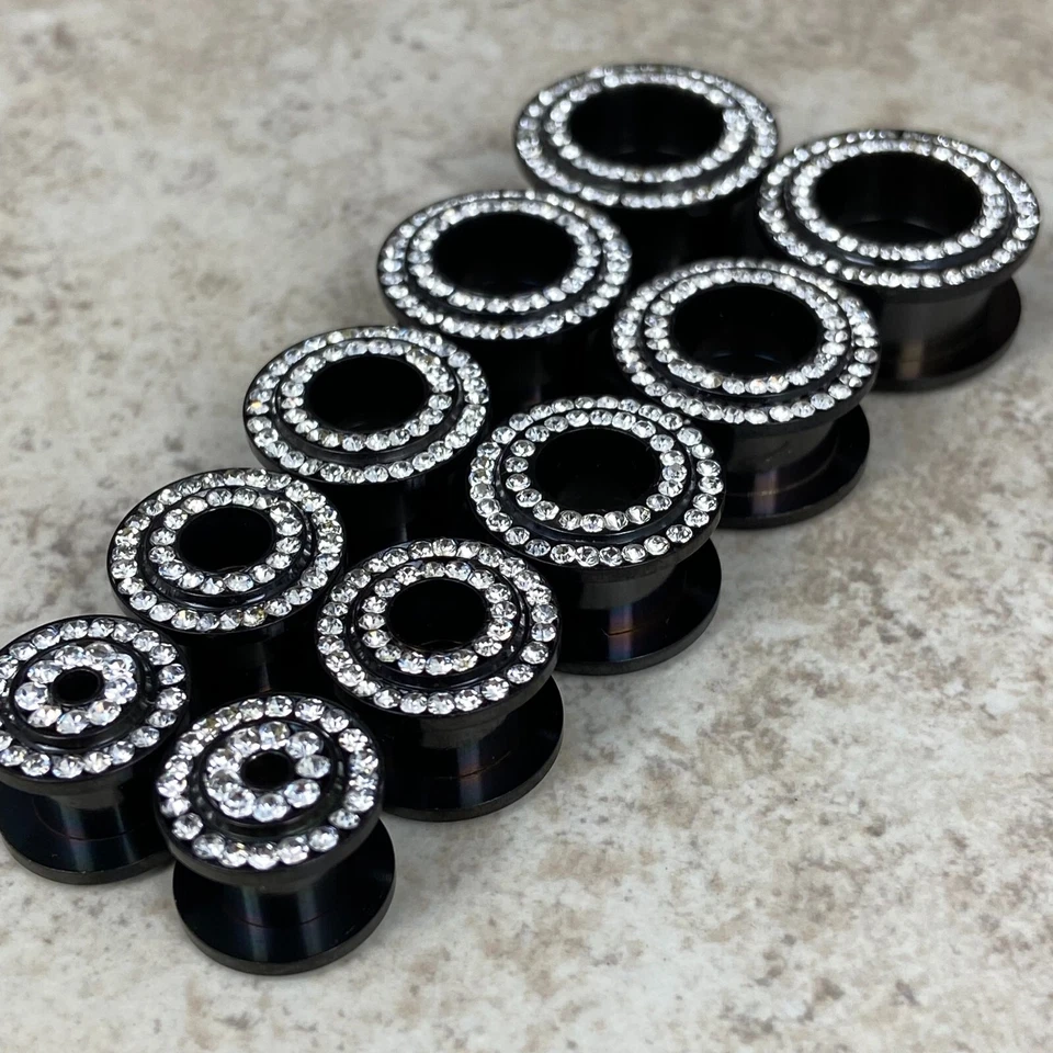 Par de Túneles Negro ESTILO CIRCONITA 3 Tornillos Juego Medidores Enchufes ELIGE EL TAMAÑO Foto 3 de 4