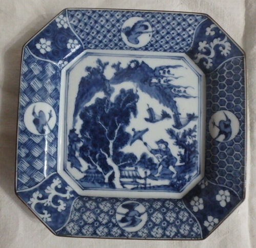 Teller Platte Porzellan Japanisch Blau Weiß 8 Zeichen Bodenplatte - Foto 1 di 3