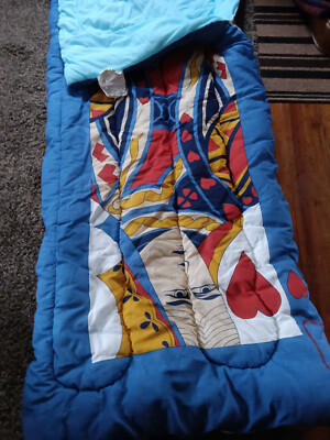 Vintage 80s 90s Sleeping Bag, Queen of Hearts blue retro sleeping bag