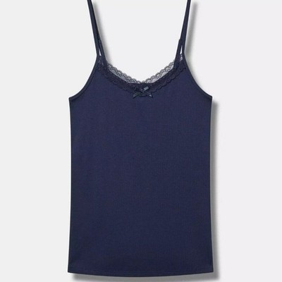 Torrid Cami Tank Top 4X Ribbed Lace Trim Cotton Modal Navy Blue Plus Size NWT