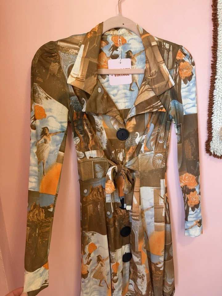 Vestido envolvente vintage de los años 60 con estampado fotográfico naranja grueso manga larga cintura corbata Foto 2 de 4