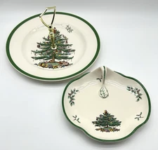 SPODE CHRISTMAS TREE SERVING ITEMS Tidbit Tray/Plate & Single Handled Dish/Plate