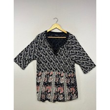 Boho Lucky Brand Womens 1X Navy Blue Floral Studded V-Neck Tunic Top
