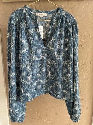 Loft Long Sleeve V-Neck Blue Tone Stretch Floral Crinkle Blouse Women's M NWT