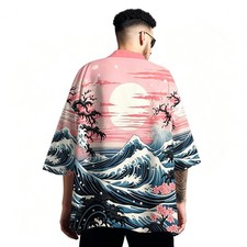 Niepce Men's Japanese Graphic Lightweight Sunset Sea Kimono Cardigan Shirt Top