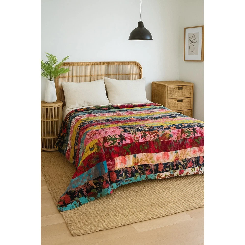 Bohemian Velvet Patchwork Quilt - Unique Upcycled Luxury Bedding — 第 3/4 张图片