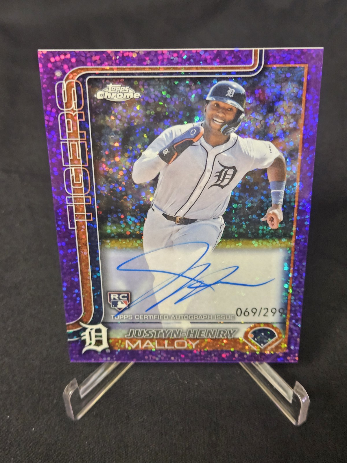 2025 Topps Chrome Justyn-Henry Malloy Rookie auto Purple Speckle Refractor /299