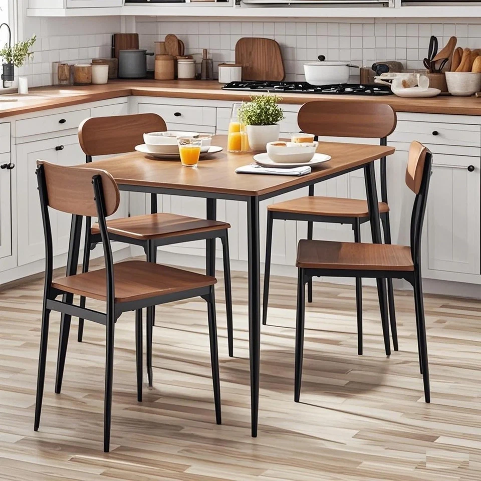 Modern 5-Piece Dining Set Wood & Steel Frame Kitchen Set Breakfast Nook Seats 4 - Image 3 of 4