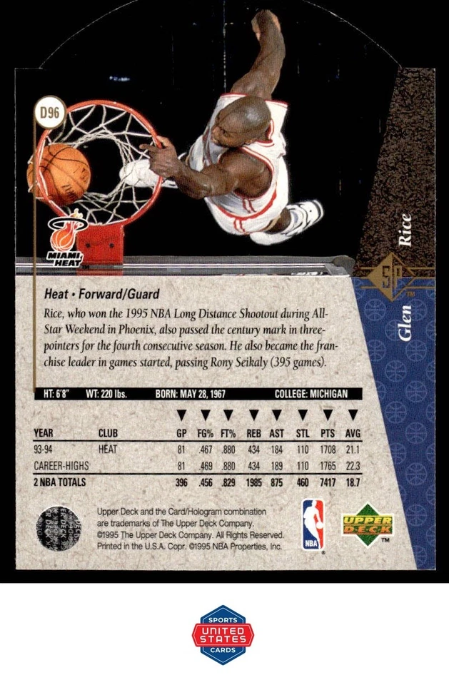 1994-95 SP #D96 Glen Rice Die Cut Sports Card - Image 2 of 2