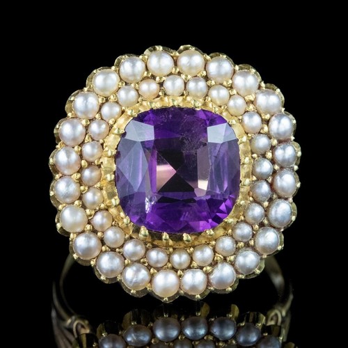 Natural Cushion Cut African Amethyst & Pearls Gold Plated Silver Victorian Ring - Picture 3 of 5