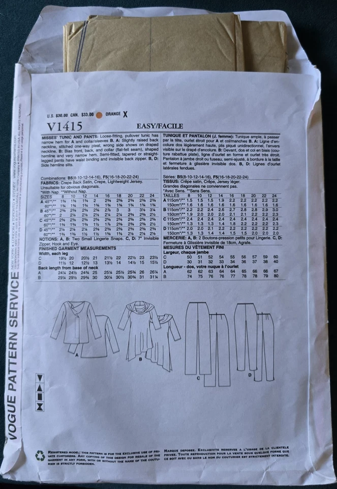 Designer Platt Cowl Neck Asymmetric Longline Top Pants Vogue 1415 Sewing Pattern - Image 3 of 4