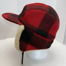 VTG Filson Wool Mackinaw Trapper Hat XXL Red Buffalo Plaid Shearling Lined USA