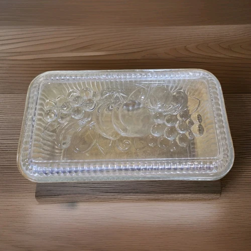 Vintage Federal Glass Refrigerator Dish & Lid Embossed Vegetables Ribbed Clear