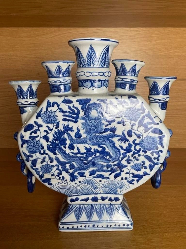 5 Finger Vase, China, Blaumalerei, Drachendekor